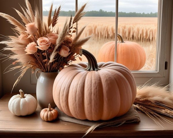 Cozy Autumn Scene with Pumpkins and Roses