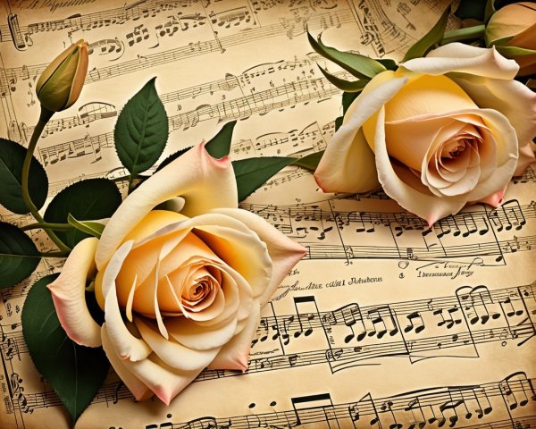 Cream Roses on Vintage Sheet Music Arrangement