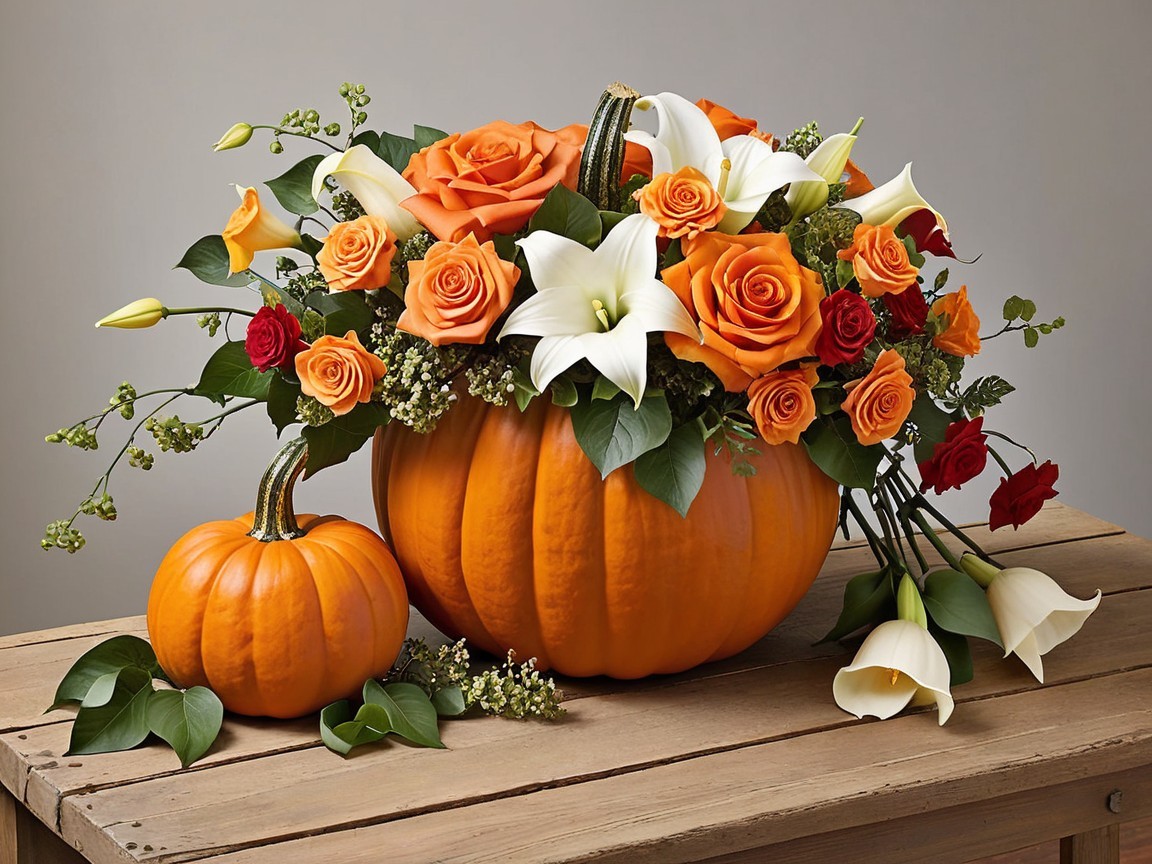 Floral Arrangement in Orange Pumpkin for Autumn Decor