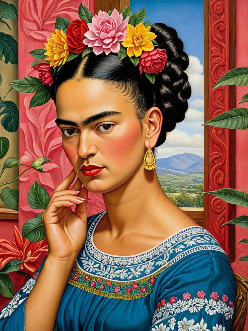 Portrait of a woman in blue dress with floral updo