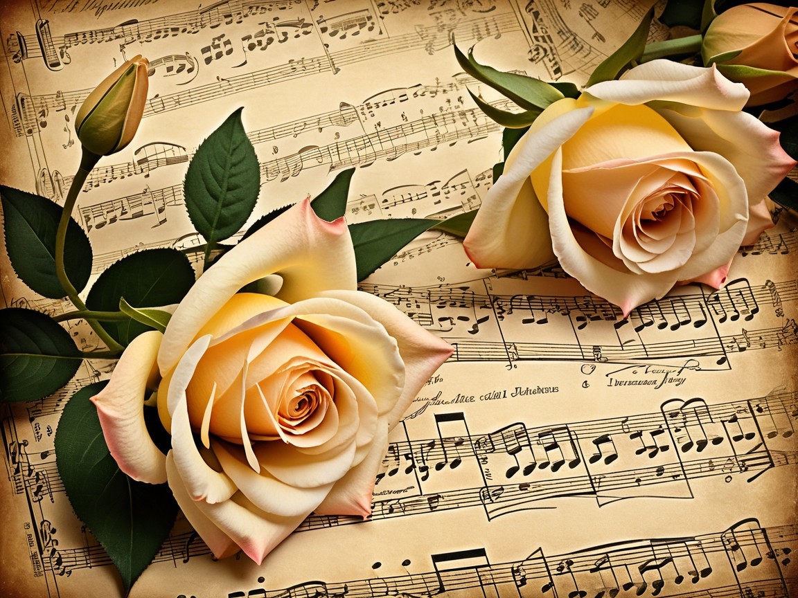 Cream Roses on Vintage Sheet Music Arrangement