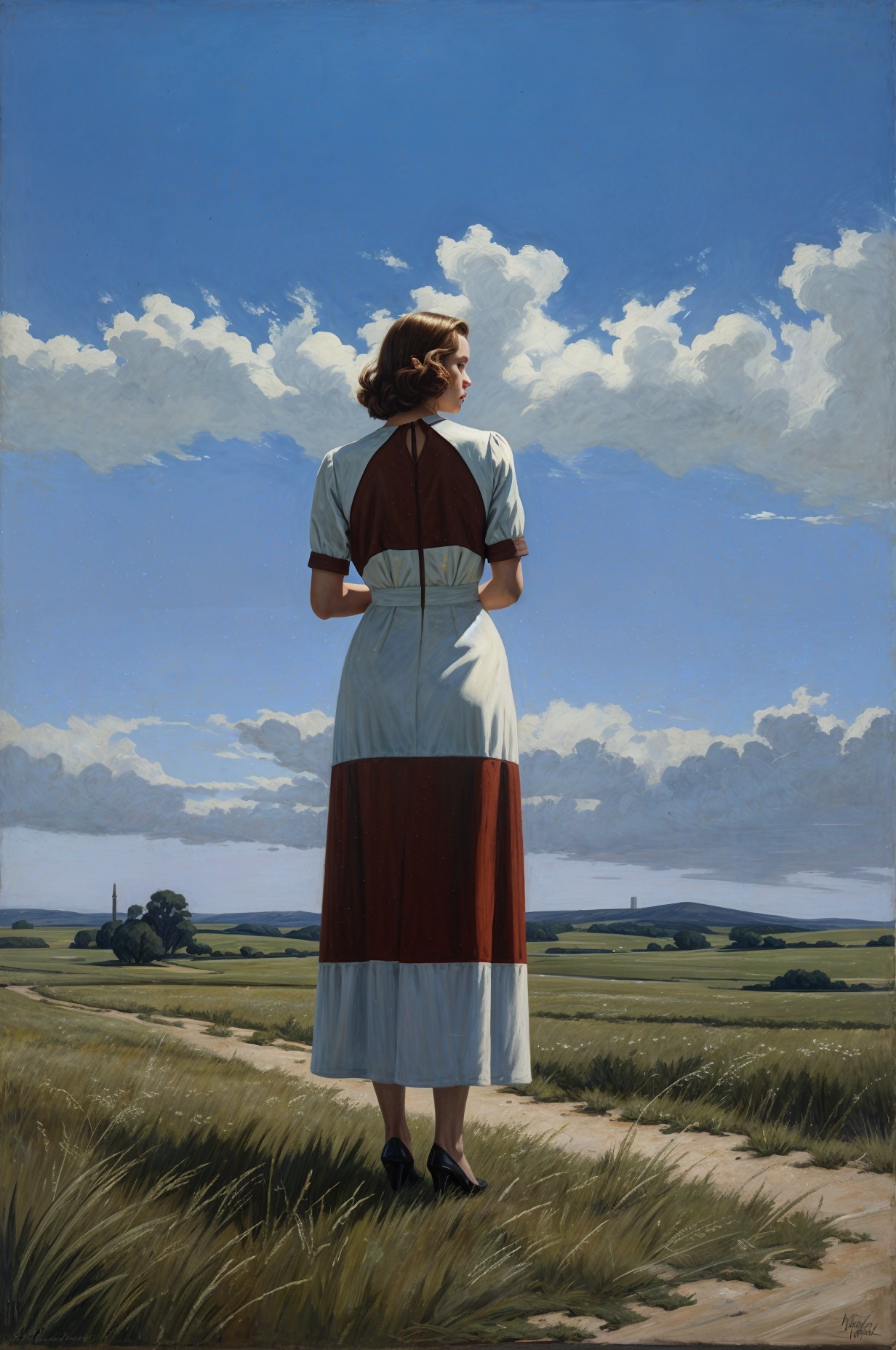 Woman in vintage dress on rural path with landscape view