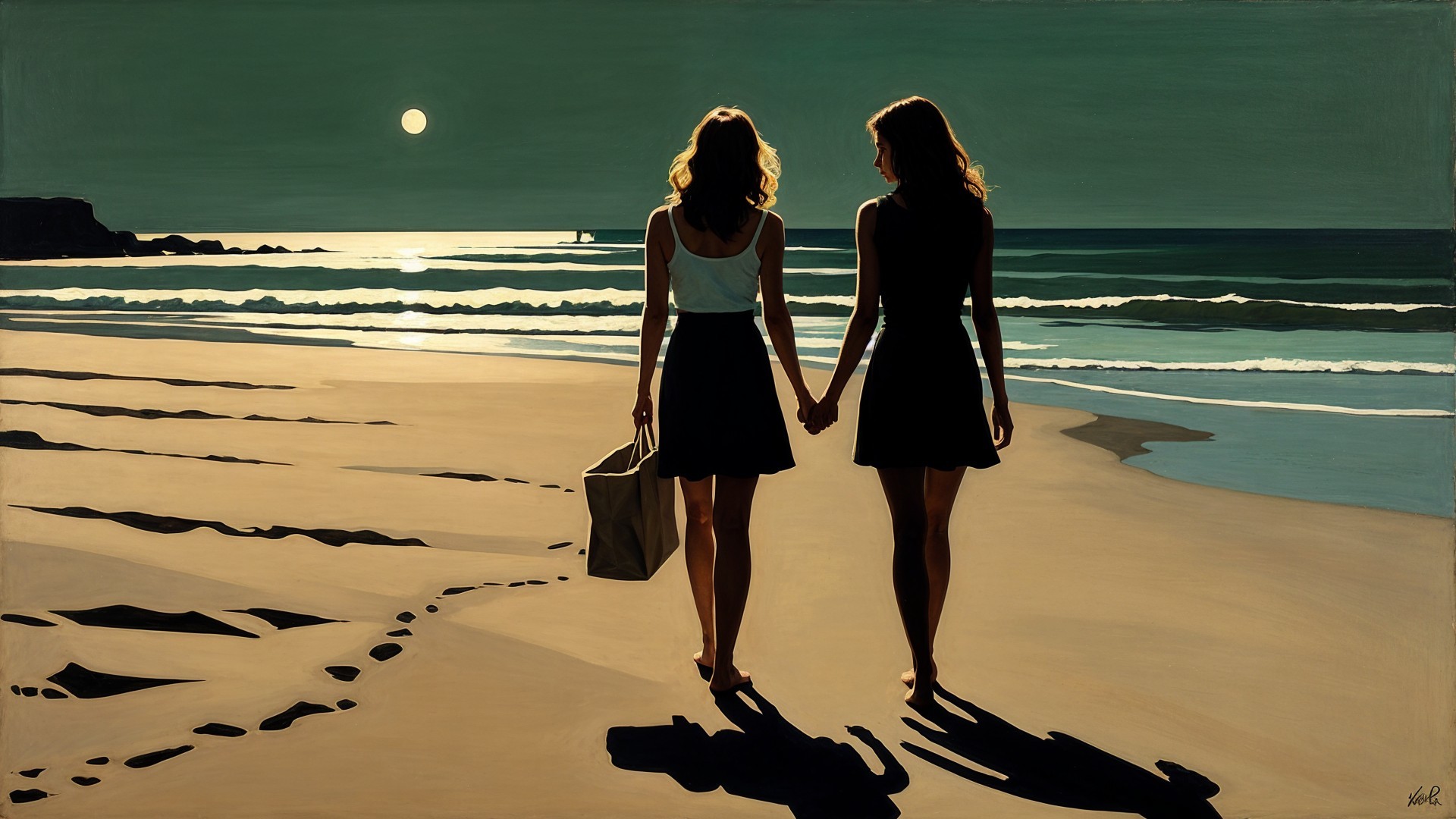 Women Walking Hand in Hand on Sunset Beach