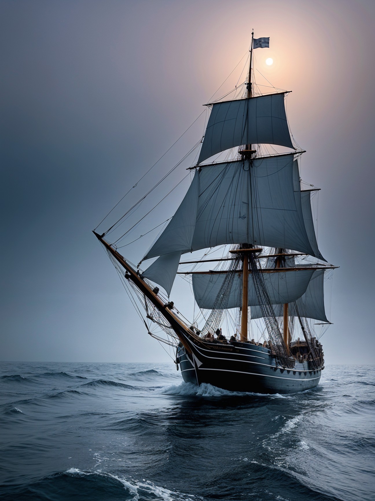 Tall Ship Sailing Through Misty Waters at Sunrise