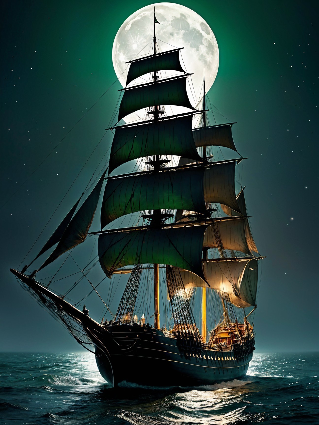 Tall Ship Sailing Under Full Moonlight at Night