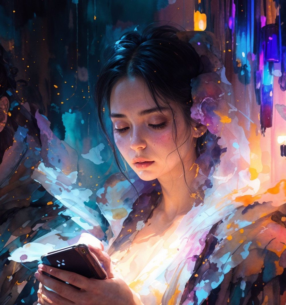 Young woman in soft, colorful light with phone