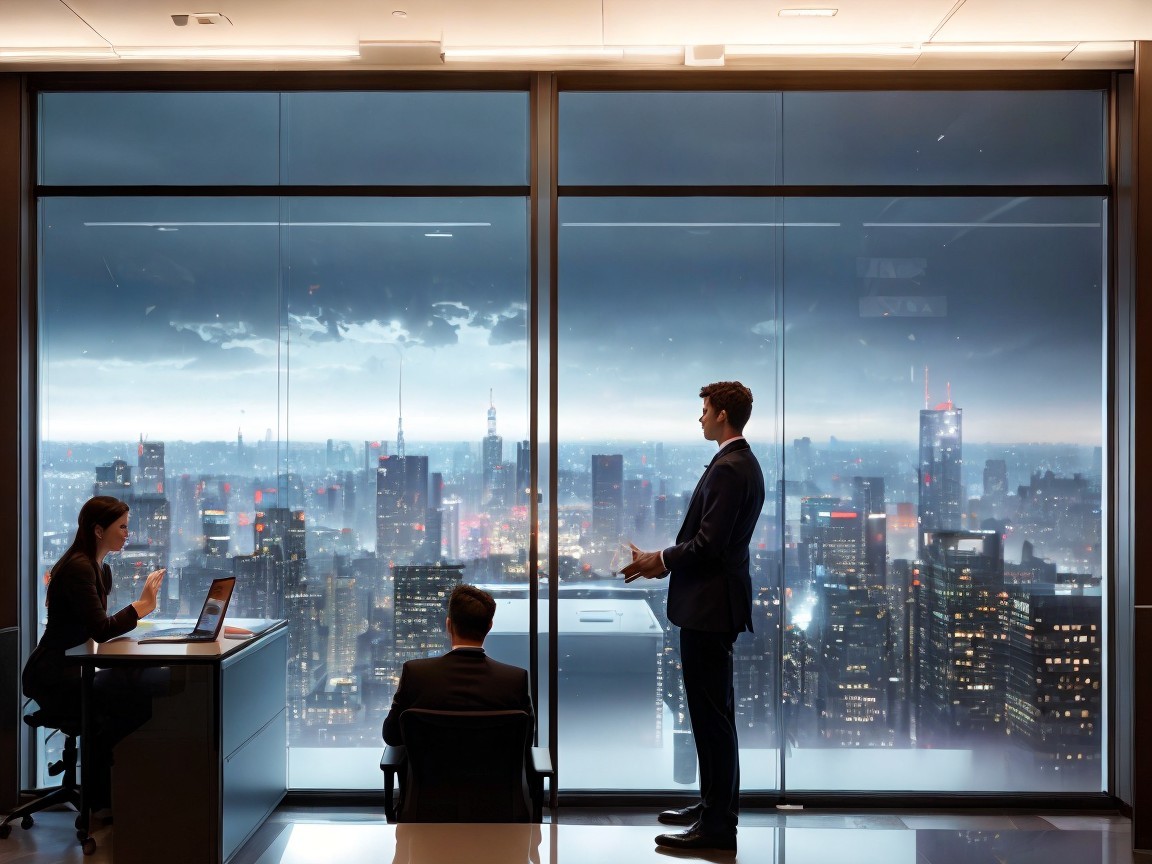 Modern Office Space with Metropolis View at Dusk