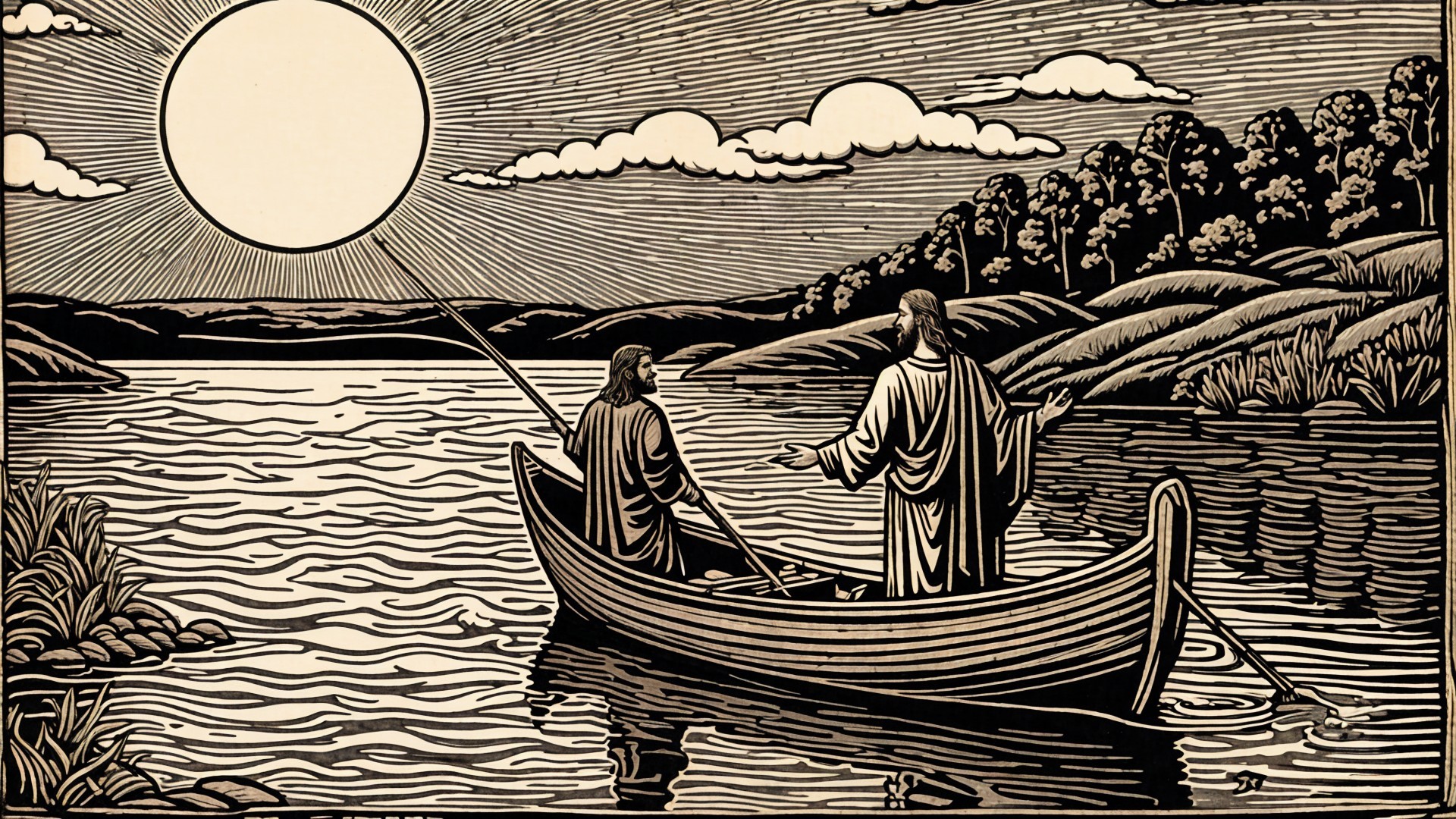 Serene Scene of Figures in Boat on Calm Waters
