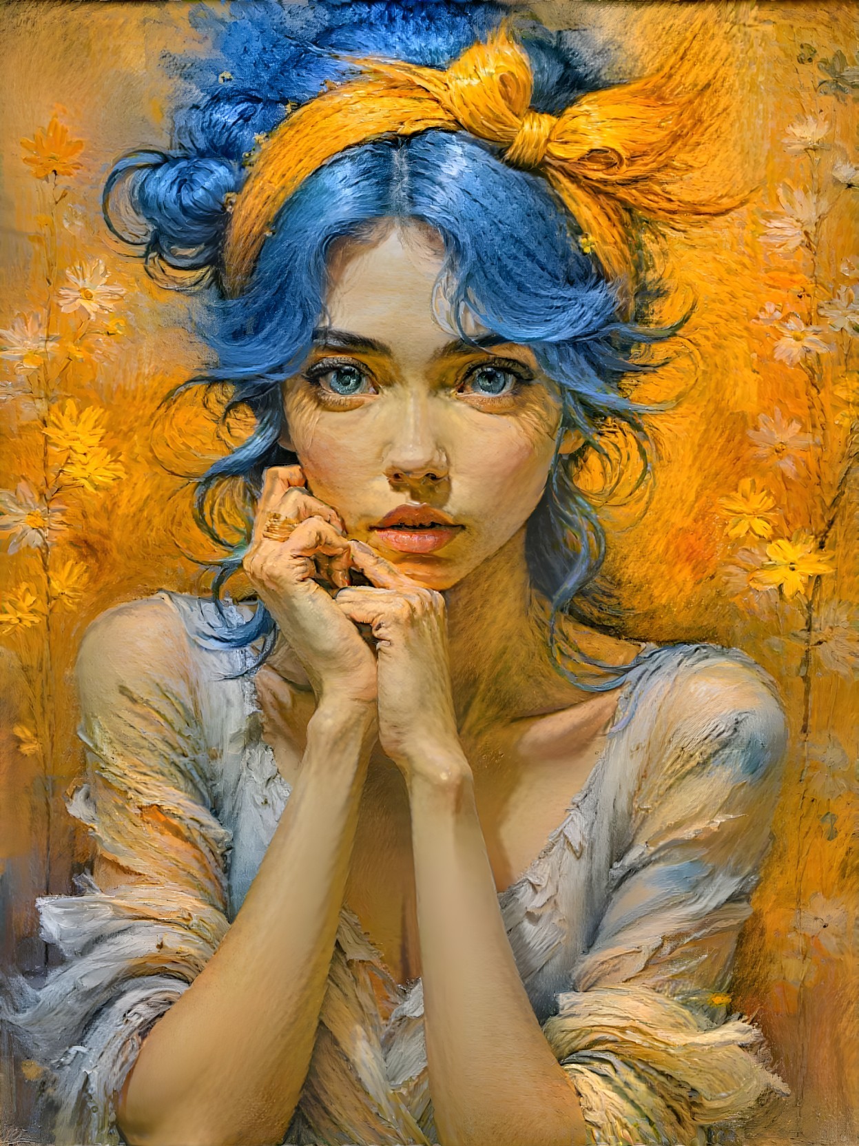 Young woman with blue hair and floral background