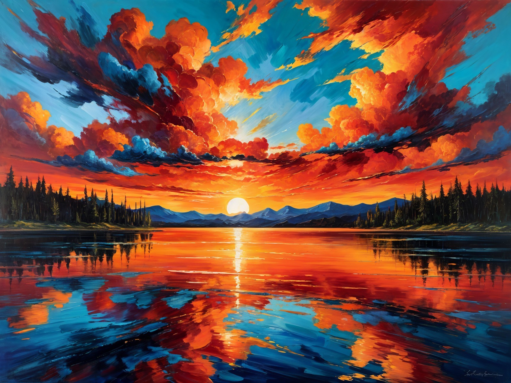 Vibrant Sunset Over a Serene Lake Landscape