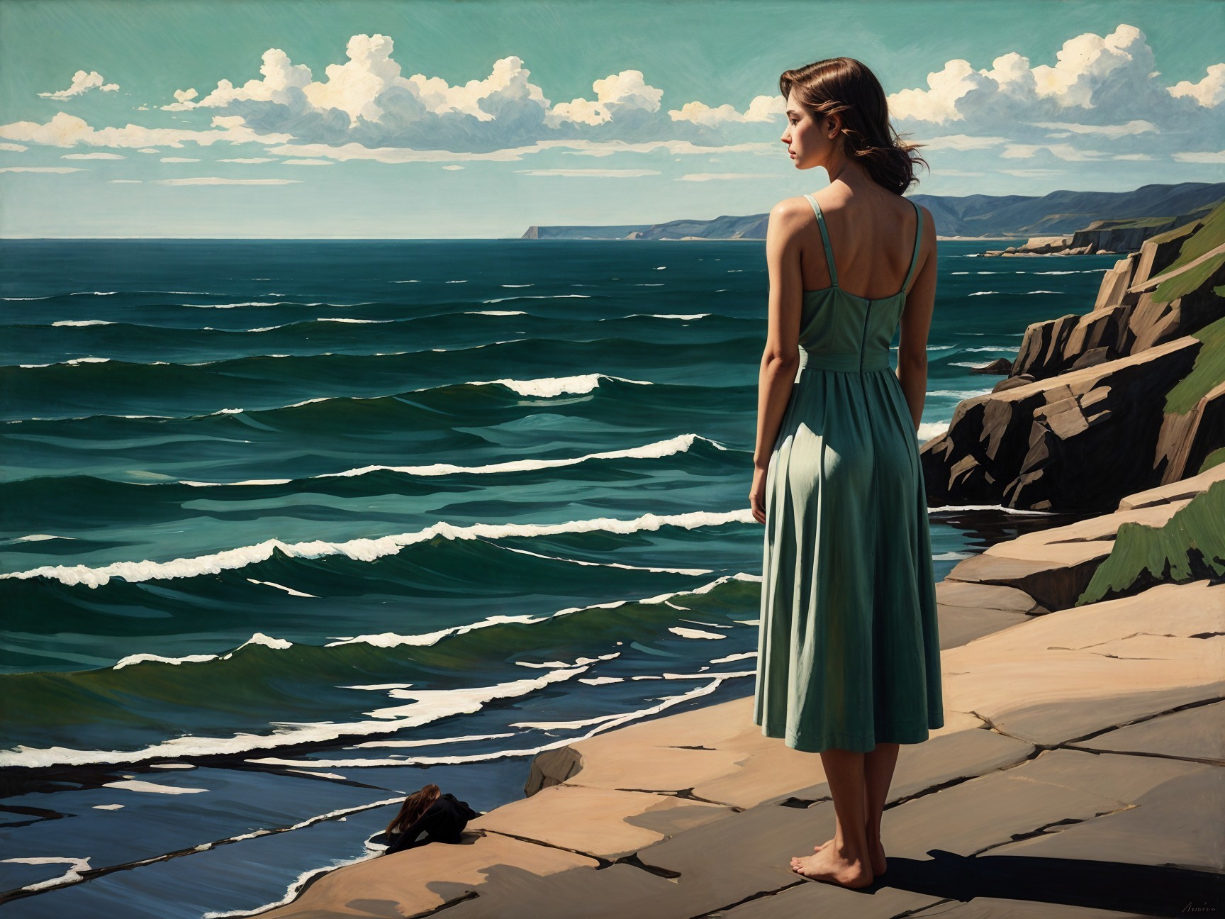 Woman in Green Dress on Rocky Shoreline by Ocean
