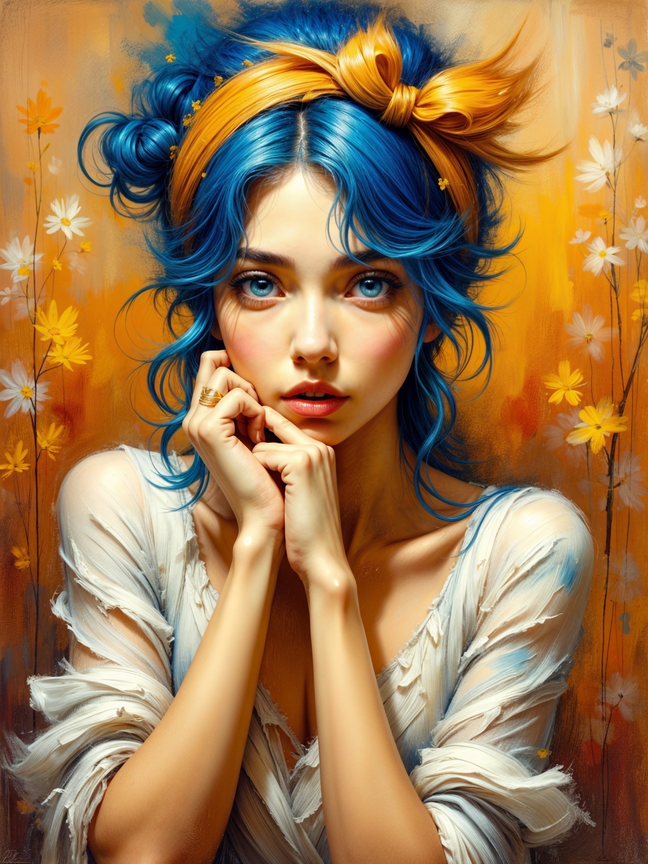 Portrait of a Young Woman with Blue Hair and Bow