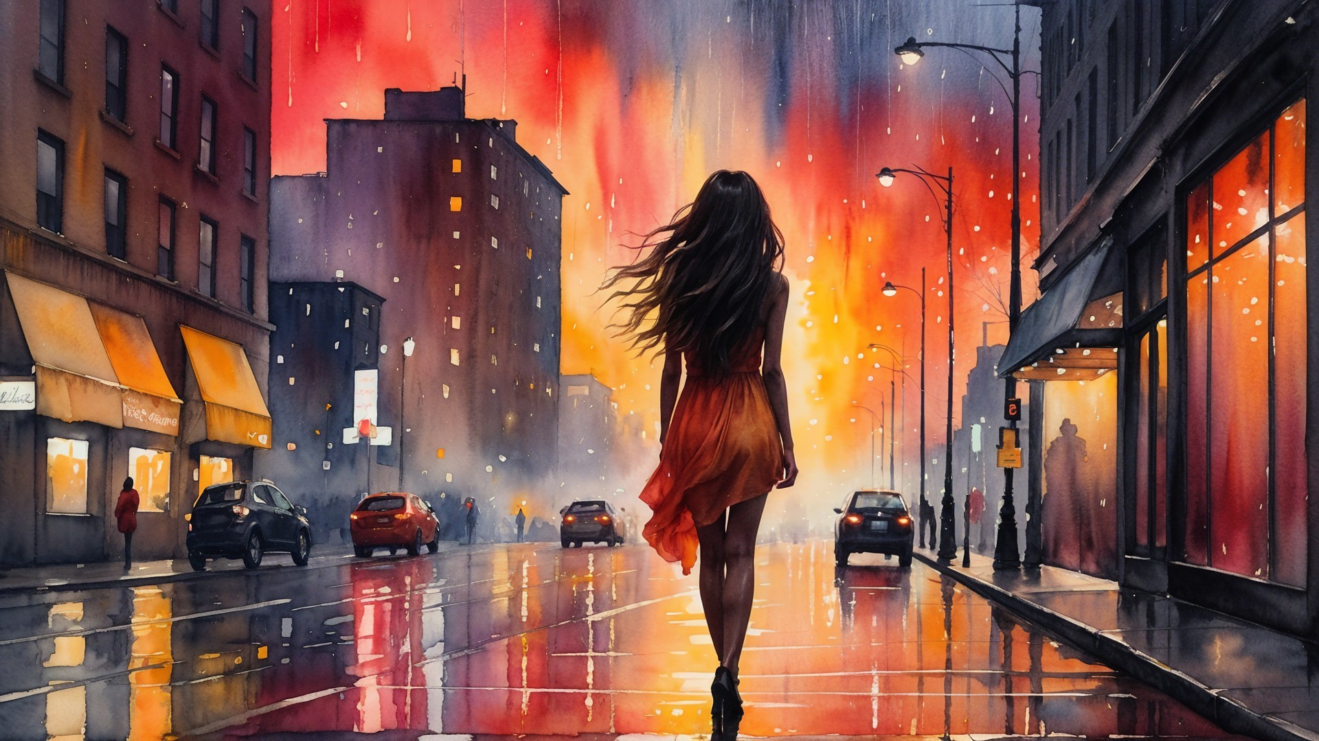 Woman in Red Dress on Rain-Soaked Street at Dusk