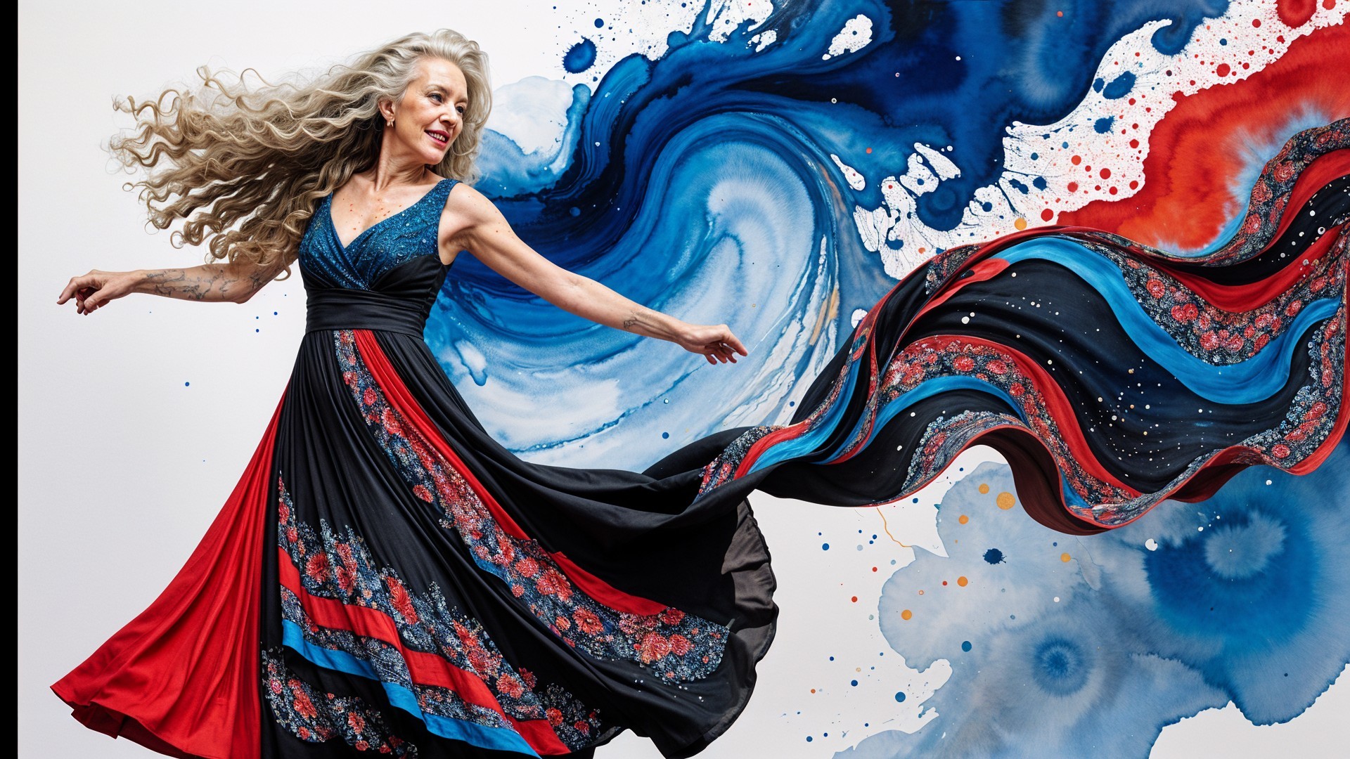 Woman in vibrant dress twirling against abstract backdrop