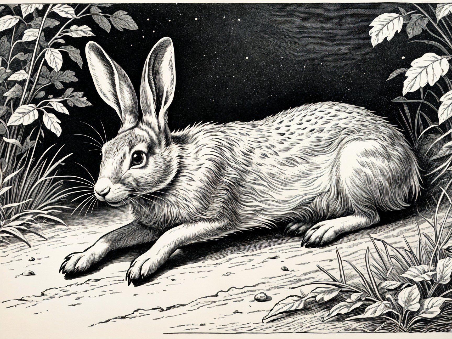Black-and-white illustration of a rabbit in a forest