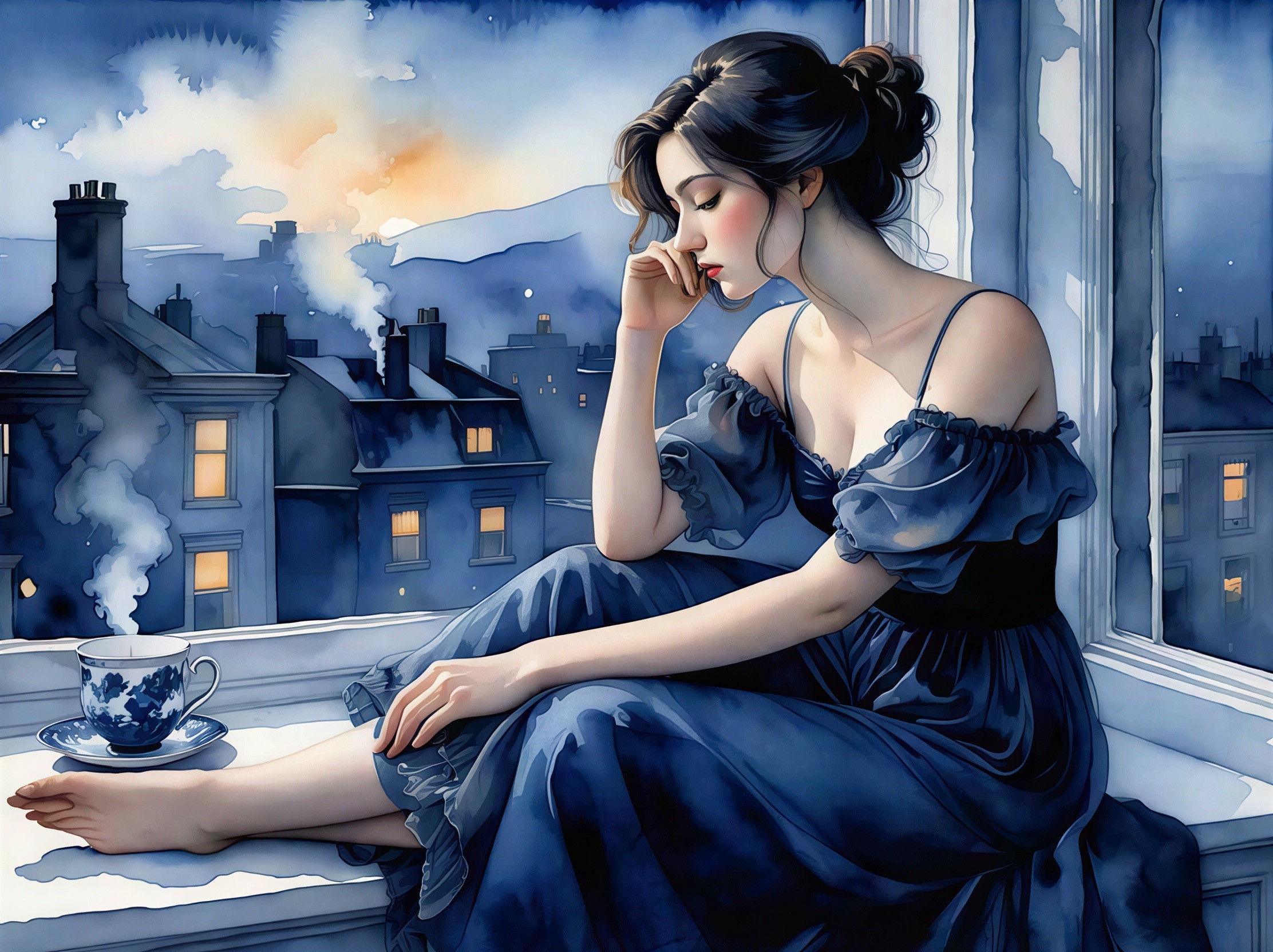 Watercolor Painting of a Young Woman in Contemplation