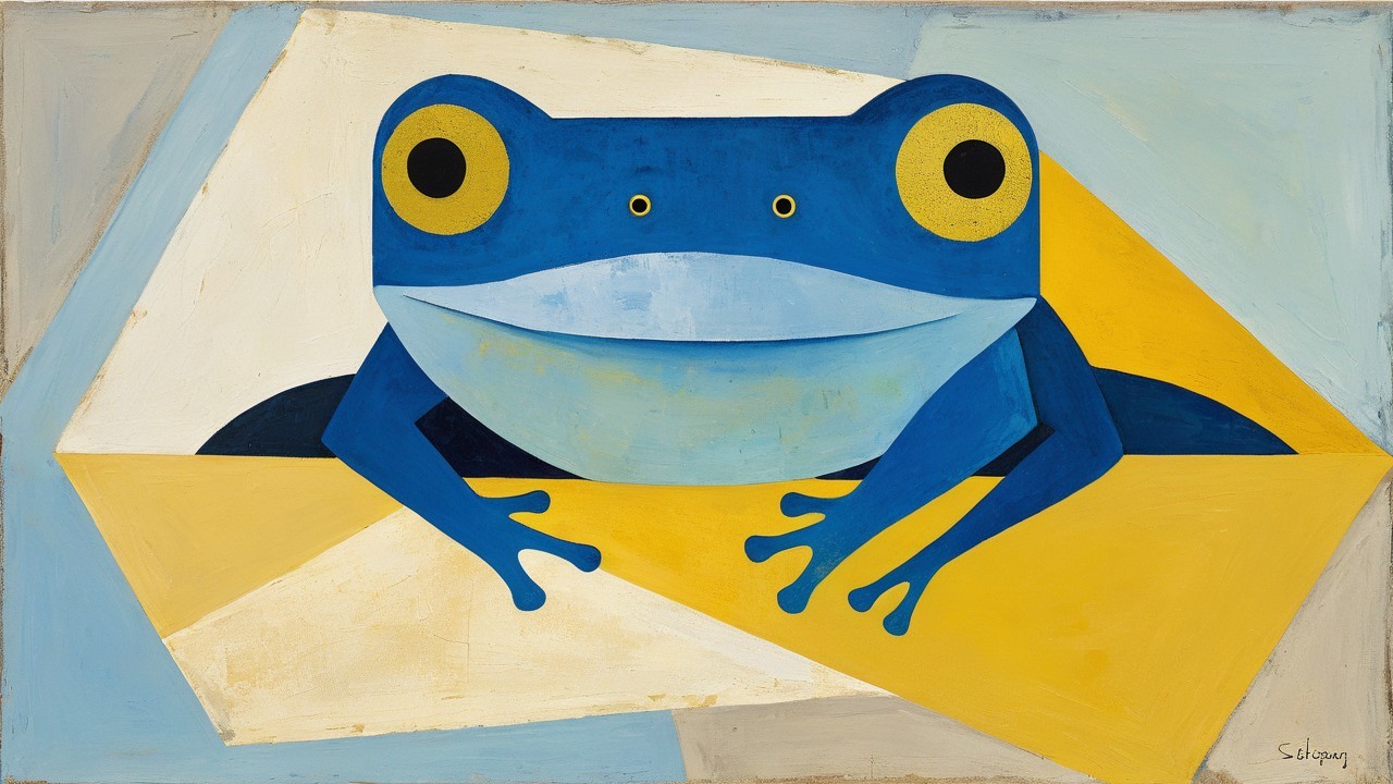 Whimsical Painting of Blue Frog with Geometric Background
