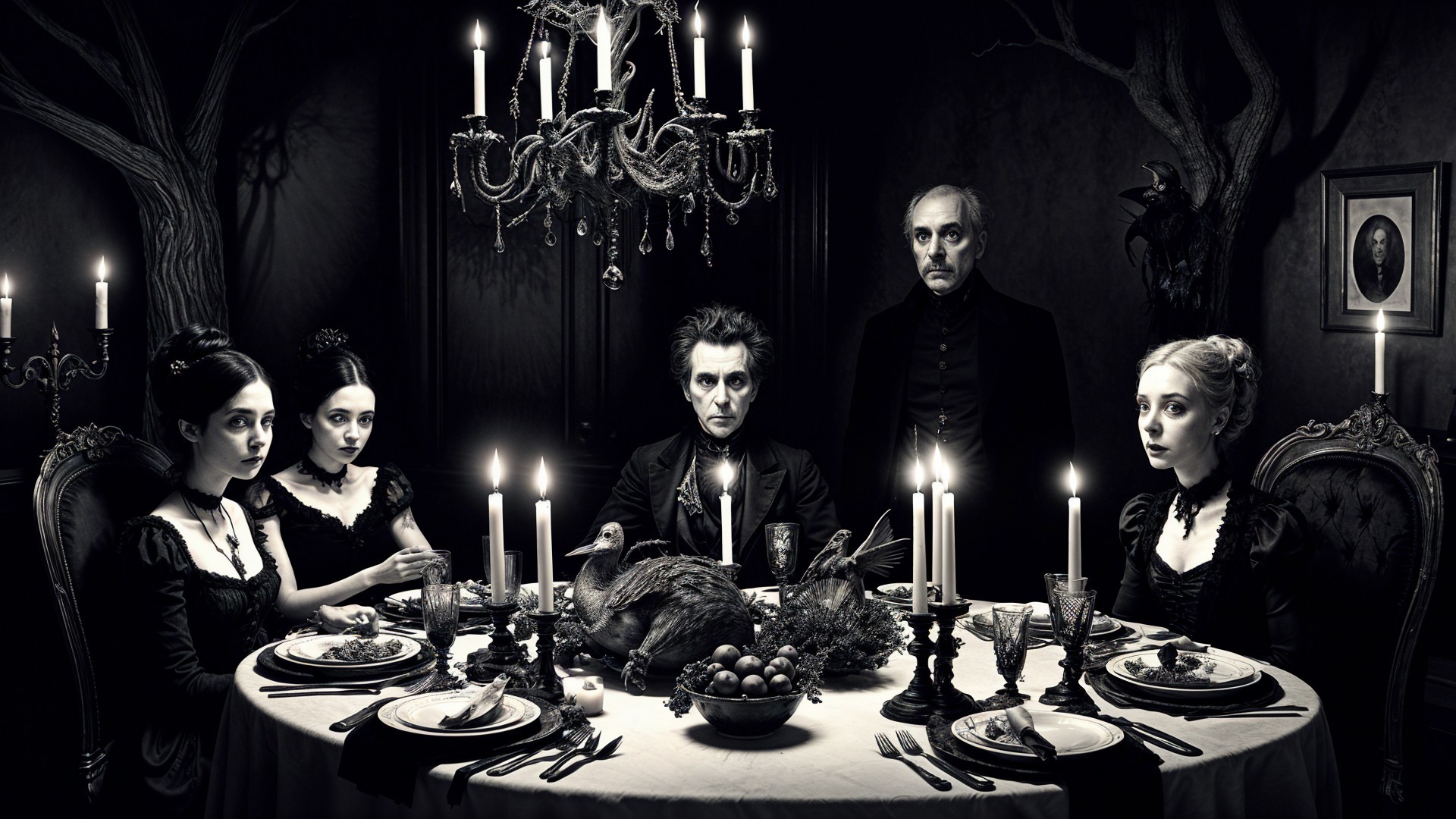 Gothic Dining Room with Eerie Atmosphere and Feast