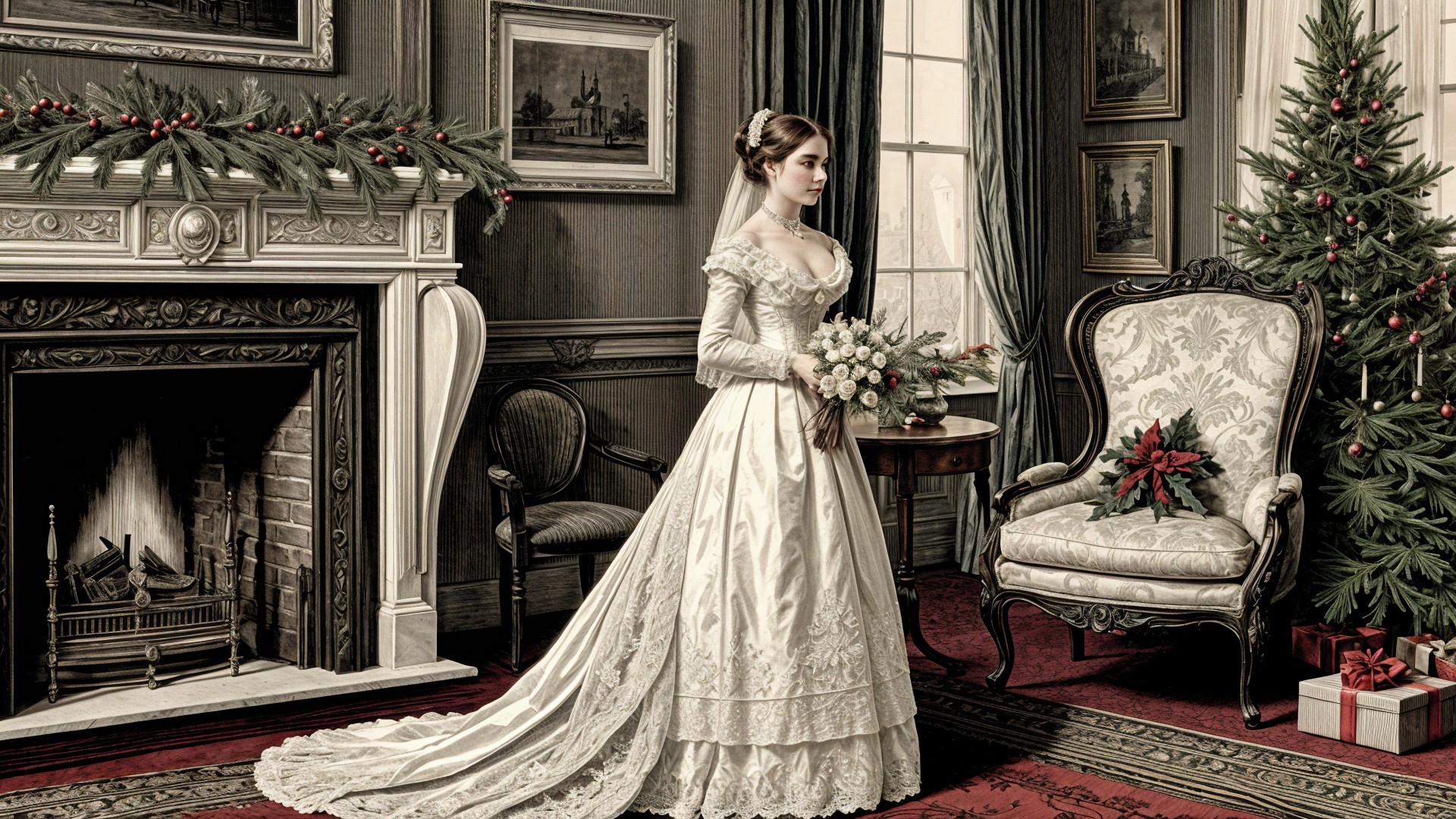 Elegant Vintage Wedding Scene in Cozy Parlor