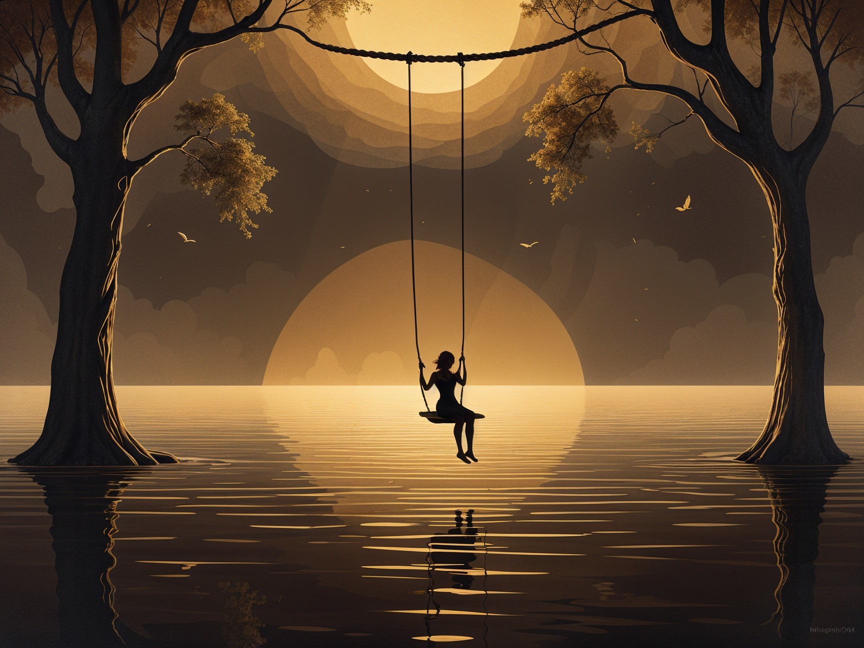 Silhouetted Figure Swinging Among Golden Trees