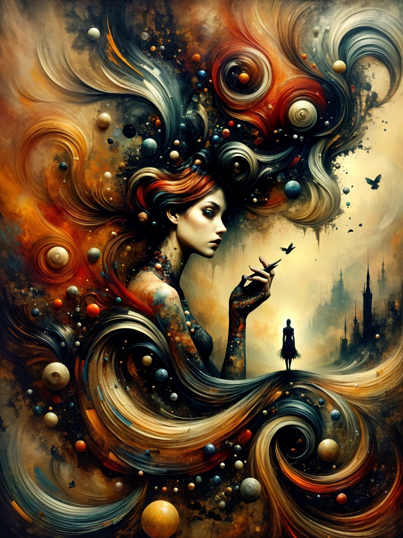 Surreal Scene of Woman with Colorful Hair and Planets