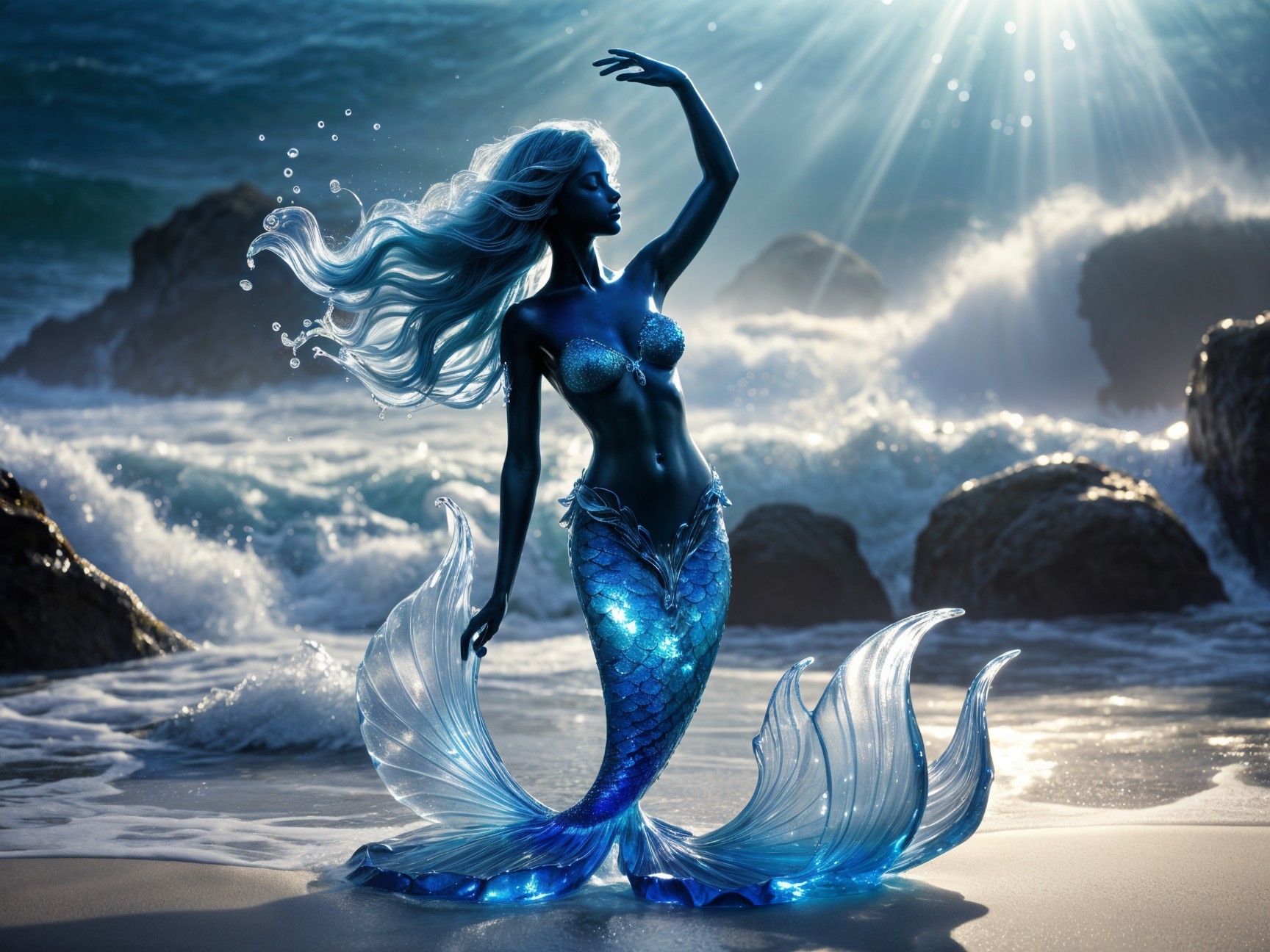 Mermaid Posing on Shoreline with Ocean Background