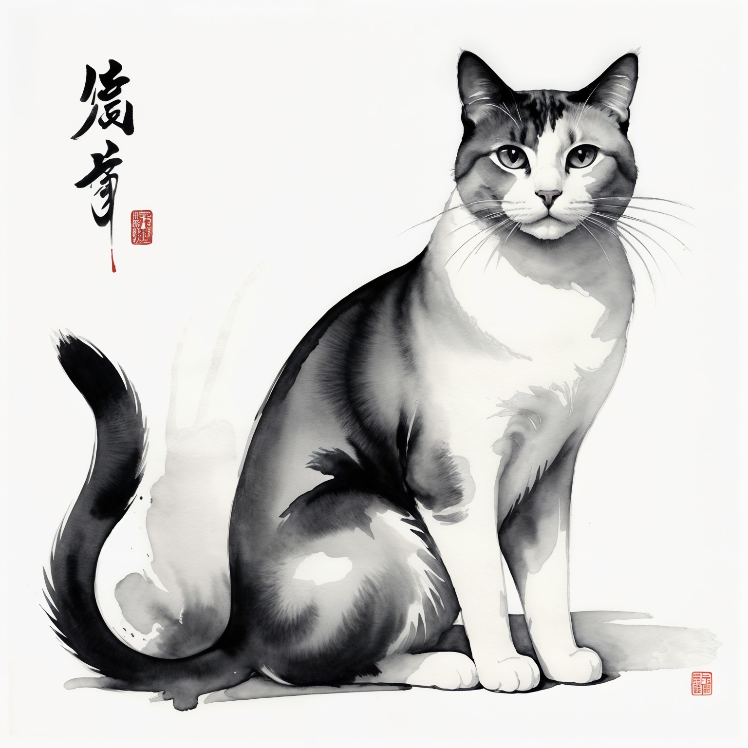 Ink Wash Painting of a Seated Cat with Calligraphy