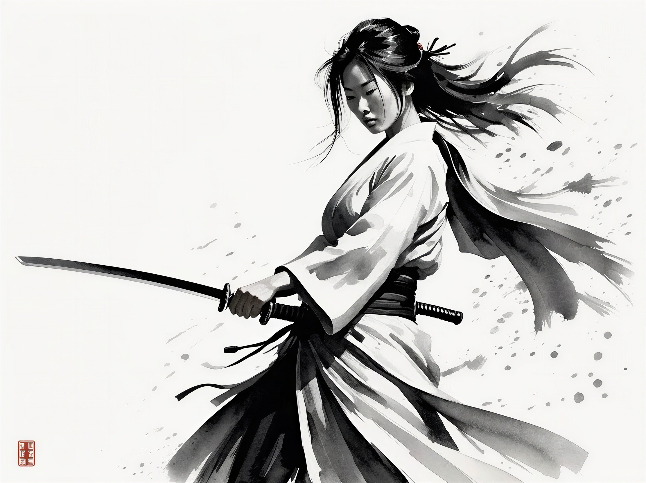 Ukiyo-e Style Image of a Female Samurai with Katana