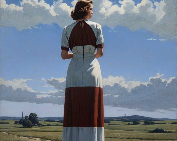 Woman in vintage dress on rural path with landscape view