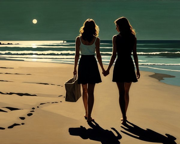 Women Walking Hand in Hand on Sunset Beach