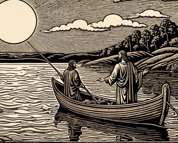Serene Scene of Figures in Boat on Calm Waters