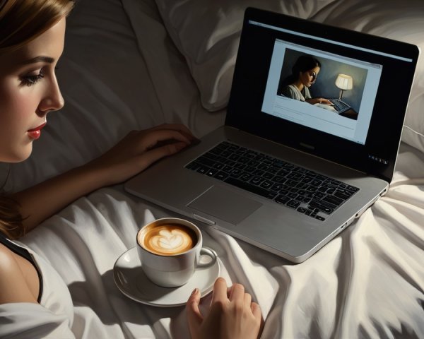 Close-Up of Woman with Red Lips and Laptop on Bed
