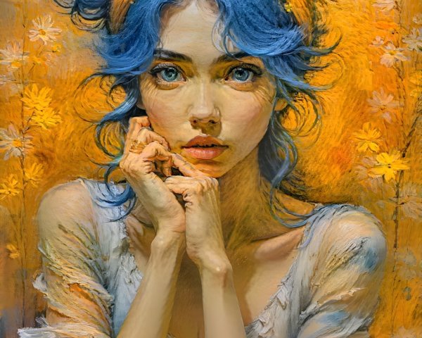 Young woman with blue hair and floral background