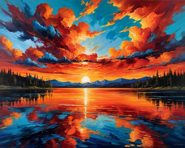 Vibrant Sunset Over a Serene Lake Landscape
