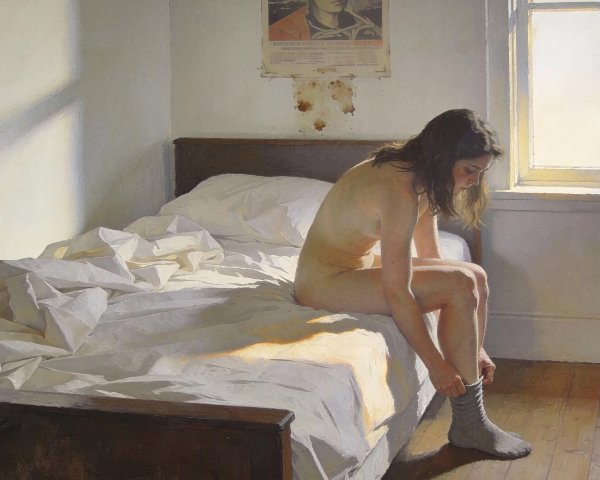 Realistic painting of a woman dressing on a bed