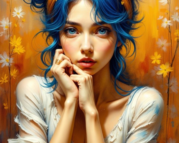 Portrait of a Young Woman with Blue Hair and Bow