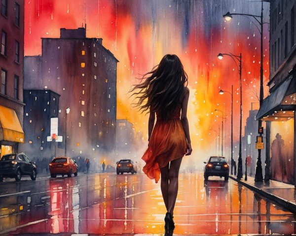 Woman in Red Dress on Rain-Soaked Street at Dusk