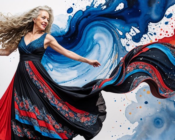 Woman in vibrant dress twirling against abstract backdrop