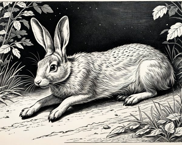 Black-and-white illustration of a rabbit in a forest
