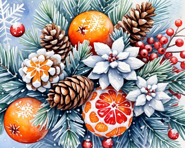 Festive Illustration of Pine Branches and Holiday Decor
