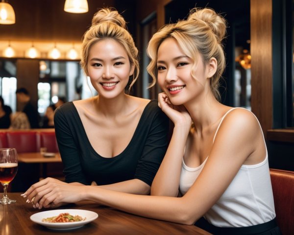Cozy Restaurant Scene with Two Smiling Women