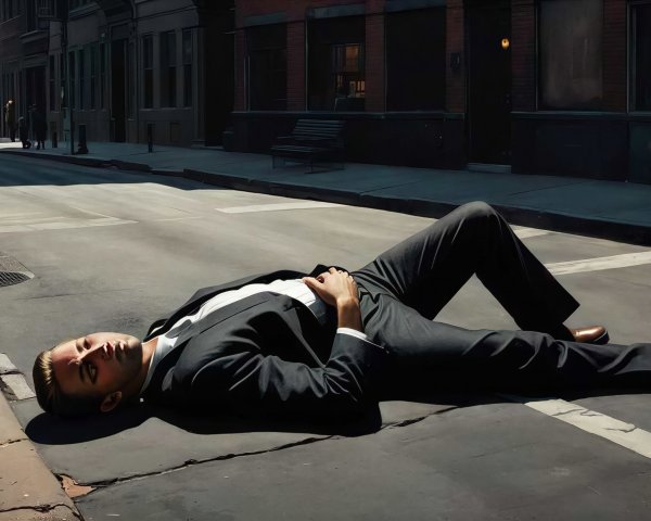 Young man in dark suit lying on street, unconscious