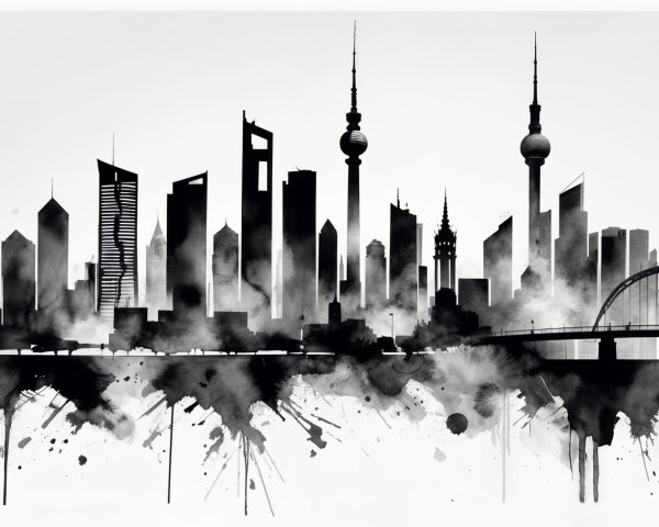 Black-and-White Silhouette of Modern City Skyline