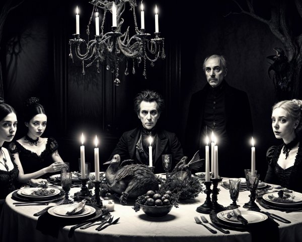 Gothic Dining Room with Eerie Atmosphere and Feast