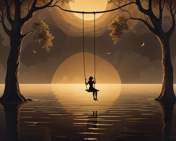 Silhouetted Figure Swinging Among Golden Trees