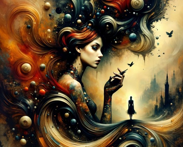 Surreal Scene of Woman with Colorful Hair and Planets