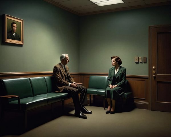 Vintage Waiting Room with Two Individuals in Suits