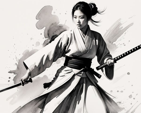 Female Samurai in Traditional Attire with Katana