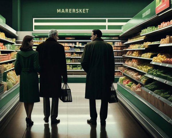 Grocery Store Aisle with Shoppers in Green and Black Coats