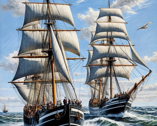 Tall Ships Navigating Choppy Ocean Waters Under Sky